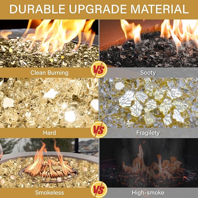 NUPICK 10 Pound Fire Glass, 1/4 Inch Reflective Fire Pit Glass, Tempered Firepit Glass Rock for Propane or Natural Gas, Glass Rocks for Fire Pit Table, Fireplace Glass for Landscaping, Gold