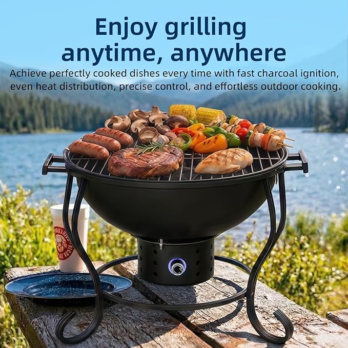 Portable Charcoal Grill with Built-In Thermometer, Adjustable Air Vent & Easy Cleanup, Portable BBQ Grill for Camping, Tailgating, Picnics and Small Backyard Cookouts, Easy-to-Carry Outdoor Grill