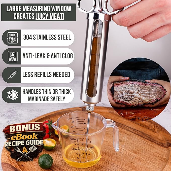 Professional Meat Injector Marinade Syringe Kit for Smoking & Grilling Turkey & Brisket, Large 2 Oz Stainless Steel Visible Capacity, Never Leaks or Clogs - BBQ Gifts for Men - Built to Last Years