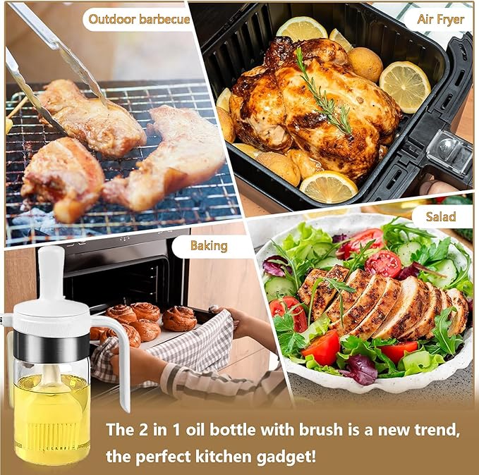 Moonlik Olive Oil Dispenser Bottle with Brush- 2 in 1 Oil Dispenser & Silicone Brush for Kitchen Cooking Vinegar Sauce BBQ Salad Grill Frying- 200ml/7oz, White