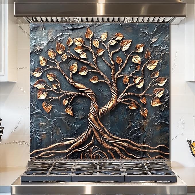 fzxwyishu Tree of Life Tempered Glass Backsplash for Kitchen Behind Stove, Easy to Clean Kitchen Sink Cover Splash Guard, Home Kitchen Decor, Wall Art (Grey, 30"x30"(76.2x76.2cm))