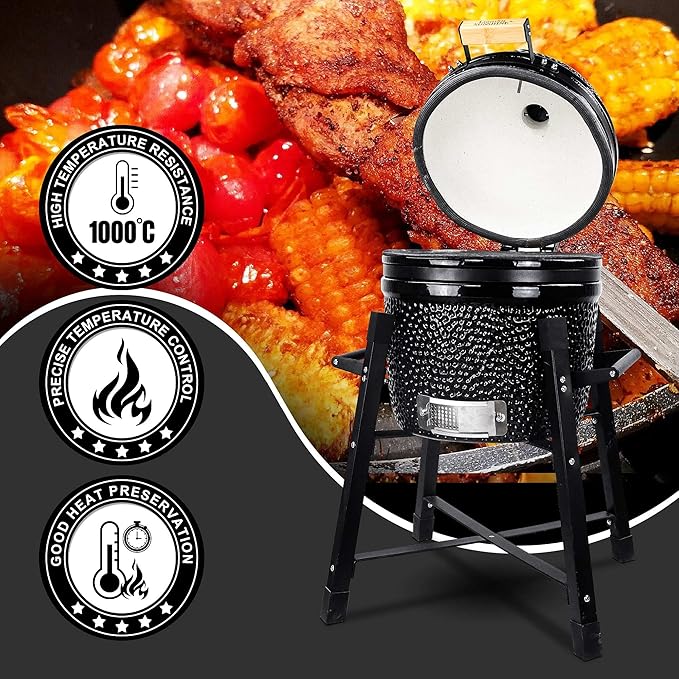 London Sunshine Ceramic Kamado Charcoal BBQ Grill and Smoker, Stainless Steel Grates -15" Ceramic with Tall Stand (BLACK)