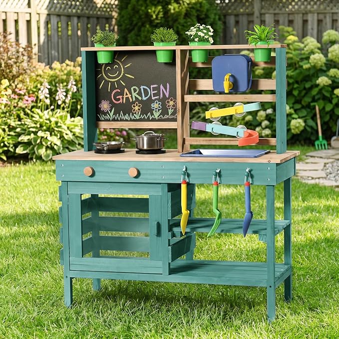 Wooden Outdoor Mud Kitchen for Kids, Pretend Play Kitchen Playset with Removable Sink, Faucet, Stove Top, Planting Area & Cooking Accessories, Toddler Gift for Boys Girls Ages 3+ (Green)