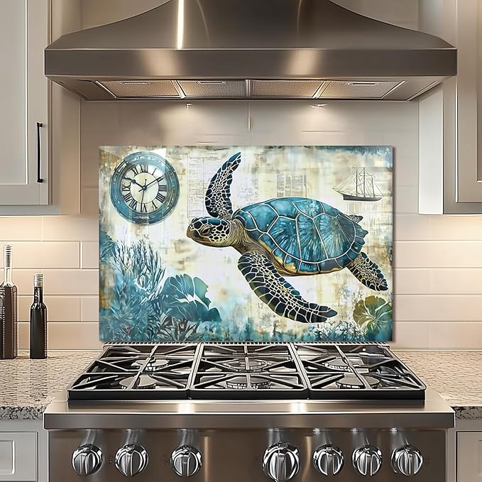 fzxwyishu Beach turtle Tempered Glass Kitchen Backsplash, Stove Back Top Cover, Splashback Tile, Kitchen Sink Cover Splash Guard, Home Kitchen Decor (30"x20"(76.2x50.8cm))