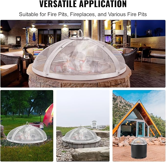 VEVOR Fire Pit Spark Screen Round 27", Reinforced Heavy Duty Steel Metal Cover, Outdoor Firepit Lid, Easy-Opening Top Screen Covers Round with Ring Handle for Outdoor Patio Fire Pits Backyard