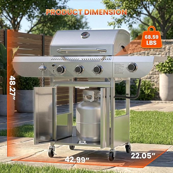 Premium 3-Burner Propane Gas Grill with Side Burner | 34,000 BTU Stainless Steel Outdoor BBQ Grill with Thermometer & Casters for Patio, Camping, Backyard Parties