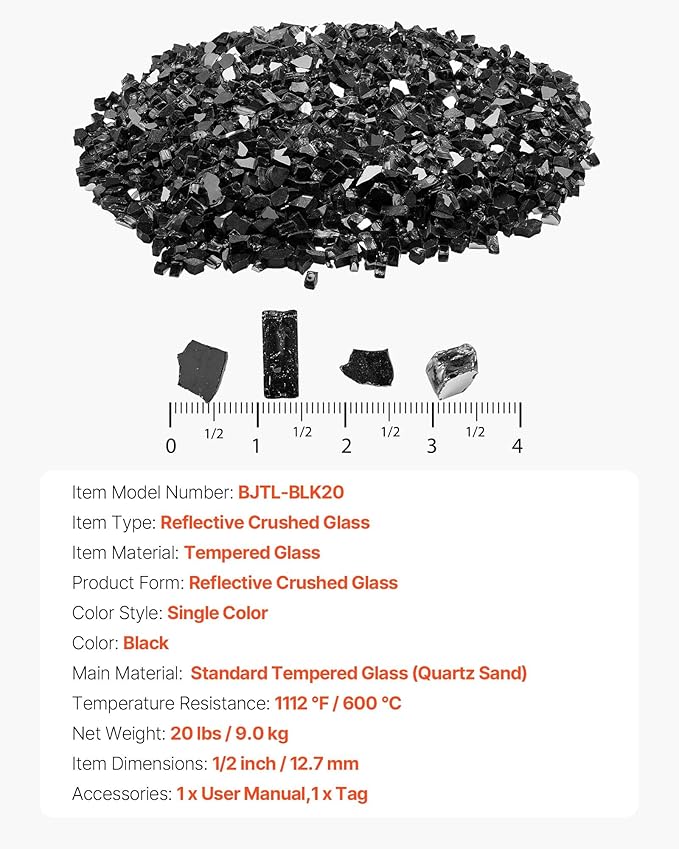 VEVOR Fire Glass, 20 lbs, Black, 1/2 Inch High-Temperature Resistant Fireplace Rocks, Reflective & Smokeless Fire Pit Glass for Outdoor Table, Landscaping