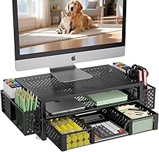 Simple Trending Desk Organizer and Accessories, 2 Tier Computer Metal Monitor Stand Riser with Drawer and Pen Holder for Laptop, Computer, iMac, Black