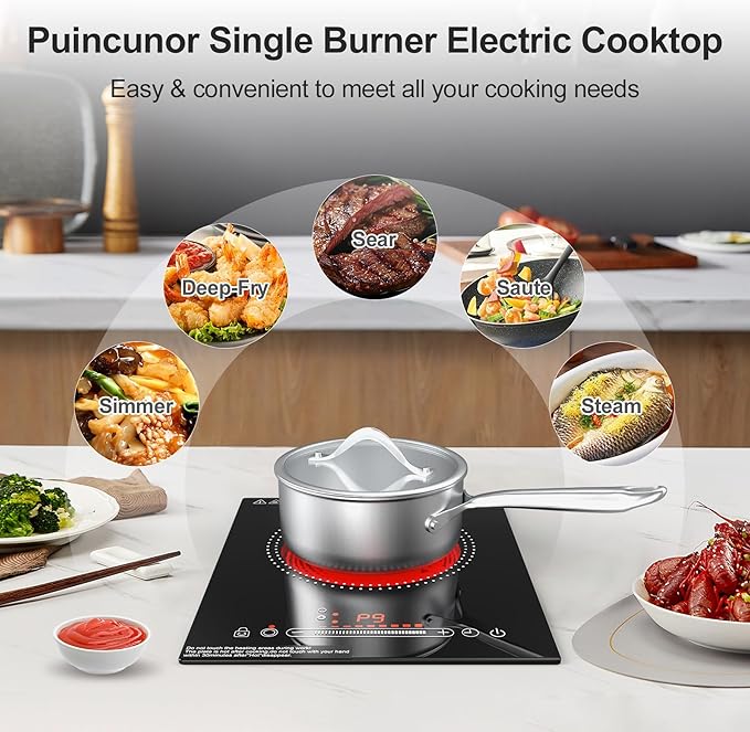 1800W Electric Cooktop Single Burner, 110V Electric Stove with LED Touch Control, 10 Power Levels, Child Safety Lock, Timer & Overheat Protection.