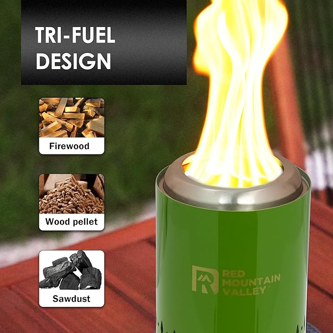 Red Mountain Valley Smokeless Tabletop Fire Pit with Mat, Portable Mini Low Smoke Camping Stove, with Travel Bag and Fireproof Mat, Stainless Steel Green, for Outdoor Enthusiasts