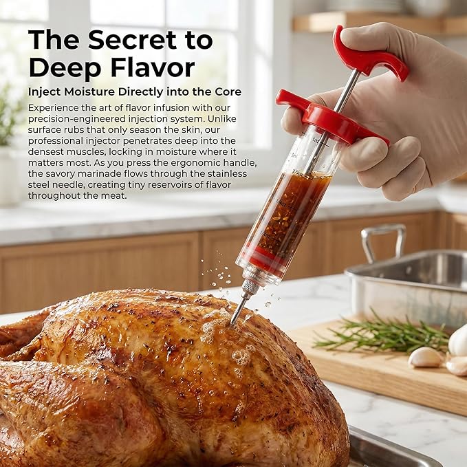 Li&Zhao Meat Injector Syringe Kit - 1-Oz Capacity with 3 Stainless Steel Needles, Cleaning Brush, Silicone Basting Brush-Essential Turkey Baster Syringe for Moisture-Infused BBQ, Smoked Meats, Pork