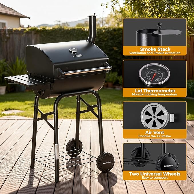 MASTER COOK Barrel Charcoal Grills with Foldable Side Tables, Outdoor Smoke Barbecue bbq grill for Camping, Patio, Backyard Party, Picnic, Garden, Black