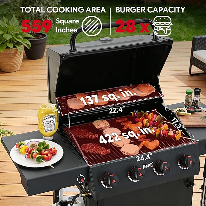 Feasto 4-Burner Propane Gas Grill, 36,000 BTU Outdoor Patio BBQ with Dual Side Tables, Porcelain-Enameled Cookbox & Porcelain-Enameled Cast-Iron Grates for Deck Parties & Patio BBQ, 559 Sq. In., Black