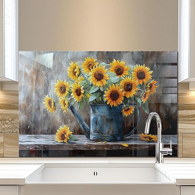 fzxwyishu Tempered Glass Backsplash for Kitchen,Stove Splashback Protector Sunflower Design | Heat-Resistant Splash Board, Kitchen Wall Decoration