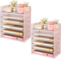 Subekyu 6-Tier Desk Paper Organizer, Desktop File Letter Tray with Handle, Document Sorter and Accessories Holder for Office, Home and School Workspace Organizers, Pink-2 Pack