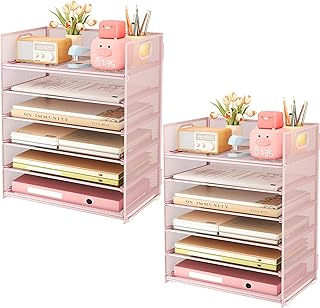 Subekyu 6-Tier Desk Paper Organizer, Desktop File Letter Tray with Handle, Document Sorter and Accessories Holder for Office, Home and School Workspace Organizers, Pink-2 Pack
