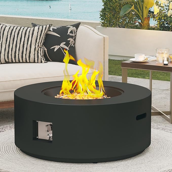 32.5 Inch Propane Fire Pit Table, 50,000 BTU Round Patio Fire Pit Table Outdoor, CSA Certified, Stainless Burner with Steel Lid, Waterproof Cover & Lava Rocks, for Garden Backyard, Black