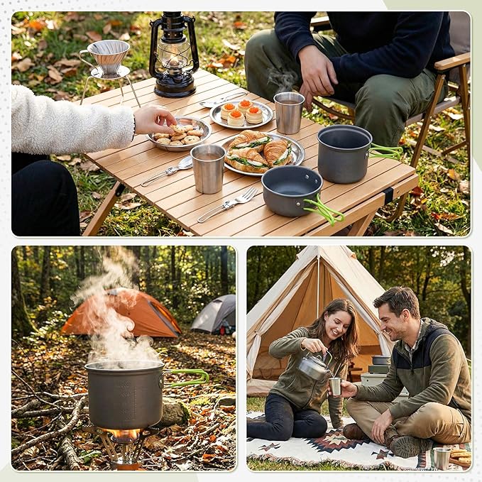 18-Pcs Camping Cookware Mess Kit for 2, Non-Stick Lightweight Pot Pan Set with Stainless Steel Cups & Plates, Folding Utensils with 3 Storage Bags for Emergency Prep, Hiking, Picnic