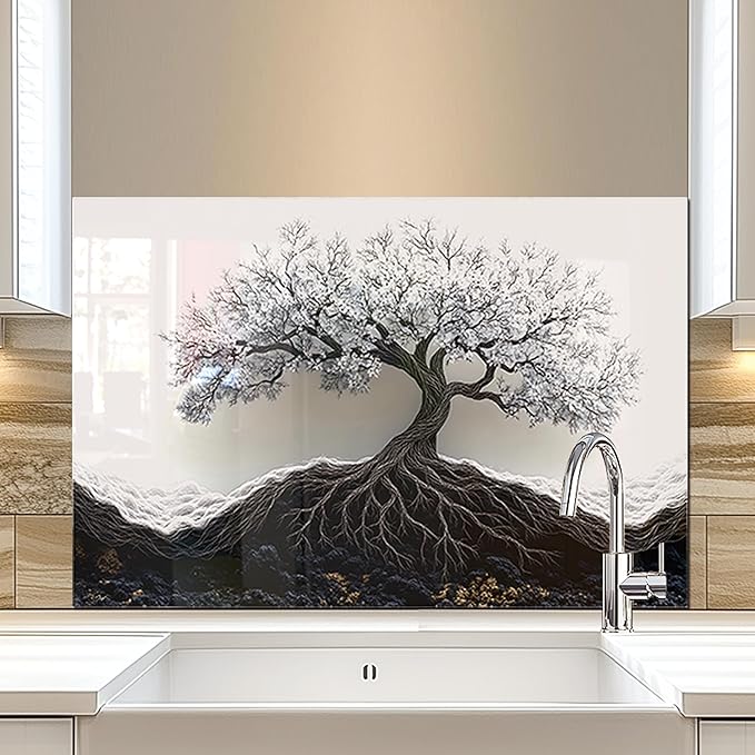 fzxwyishu Tree of Life,Tempered Glass Backsplash For Kitchen Behind Stove,Easy to Clean Kitchen Sink Cover Splash Guard, Home Kitchen Décor (White, 30"x20"(76.2x50.8cm))