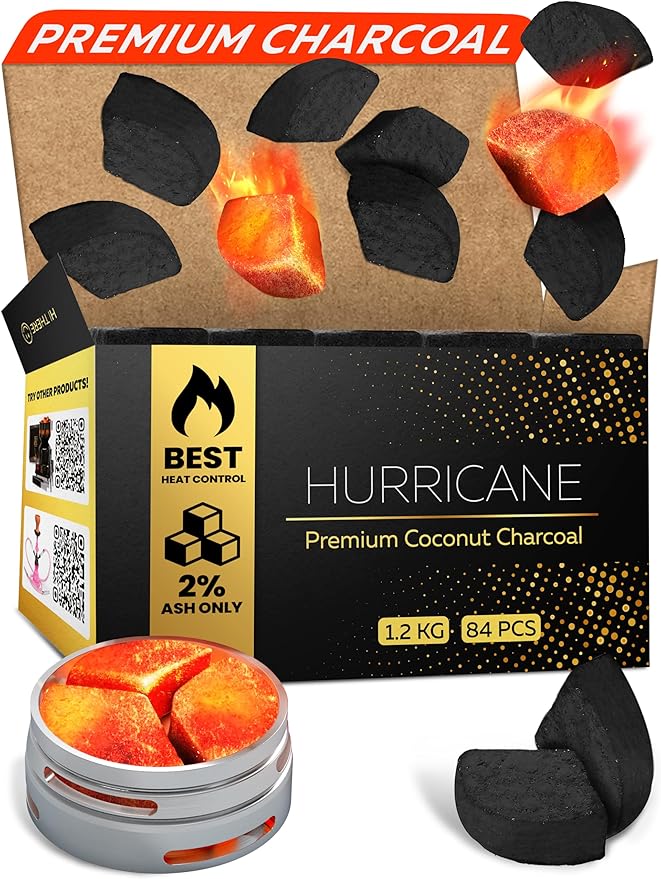 84 pcs of Hookah Charcoal Designed Specially for HMD - Premium Hookah Coals Hurricane 3 Pieces Coal Element fits All HMD – 1.2 KG (2.6 lbs) – Premium Quality 100% Natural NOT Quick Light Hookah Coals