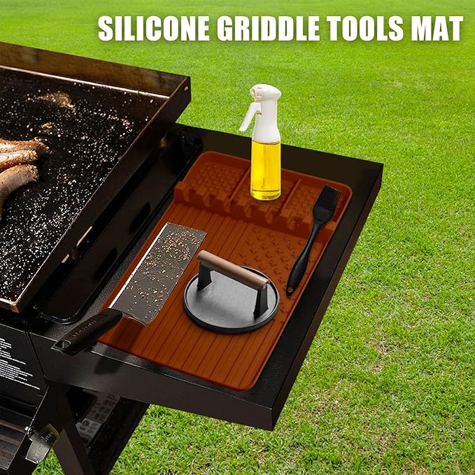 2 PCS Silicone Grill Mat Compatible with Blackstone, BBQ Griddle Tools Mat with Drip Pad, Spatula for Outdoor Kitchen Counter, Gifts for Men(brown-2)