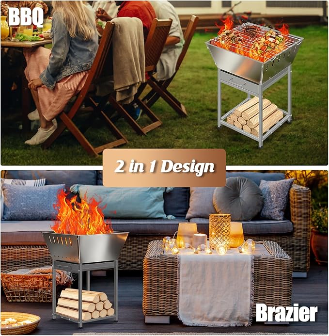 Stainless Steel Square Wood Fire Pit with Grill, 2-in-1 Outdoor Firepit with Ash Pan and Wood Storage, Portable for Backyard, Patio, Camping Use
