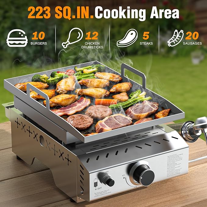 Electactic Stainless Steel Tabletop Grill,18 Inch Portable Propane Grill Griddle with Handle,8000 BTU Flat Top Grill for Camping, Outdoor & Tailgating Barbecue
