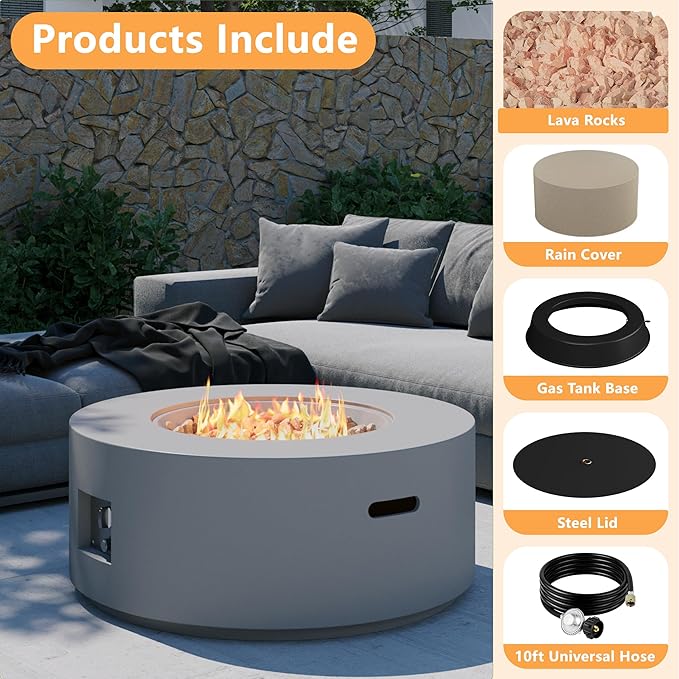 32.5 inch Round Propane Fire Pit, 50000 BTU Gas Fire Pit Table with Steel Lid, Waterproof Cover, 10ft Gas Hose & Gas Tank Base, Lava Rocks, Grey