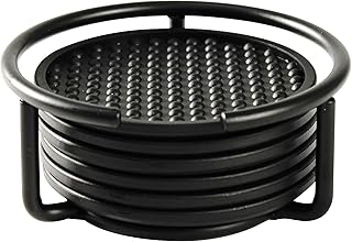 Spectrum Euro Modern Table Coaster Set of 6 with Holder for Living Room Coffee Table and End Tables, Silicone Coasters for Drinks with Holder Features Easy Release Bubble Texture, Black