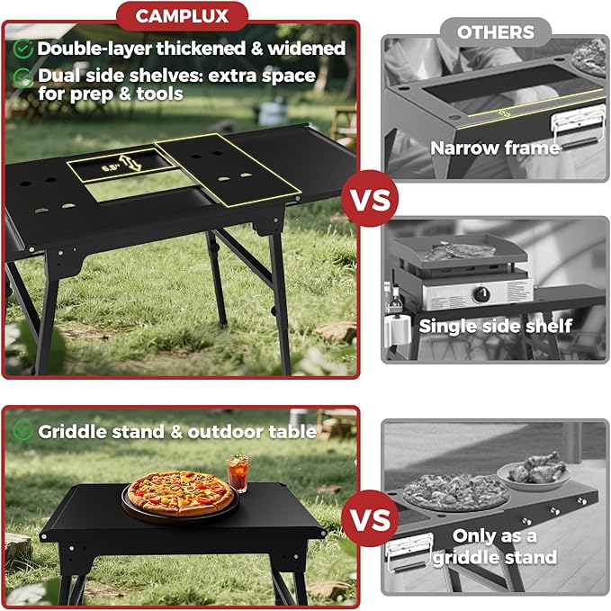 CAMPLUX Griddle Stand for 17” / 22” Tabletop Griddles, Foldable Grill Stand with Dual Side Shelves, 18.1–29.2” Adjustable Height, Anti-Rust Outdoor Griddle Table for Camping & Tailgating