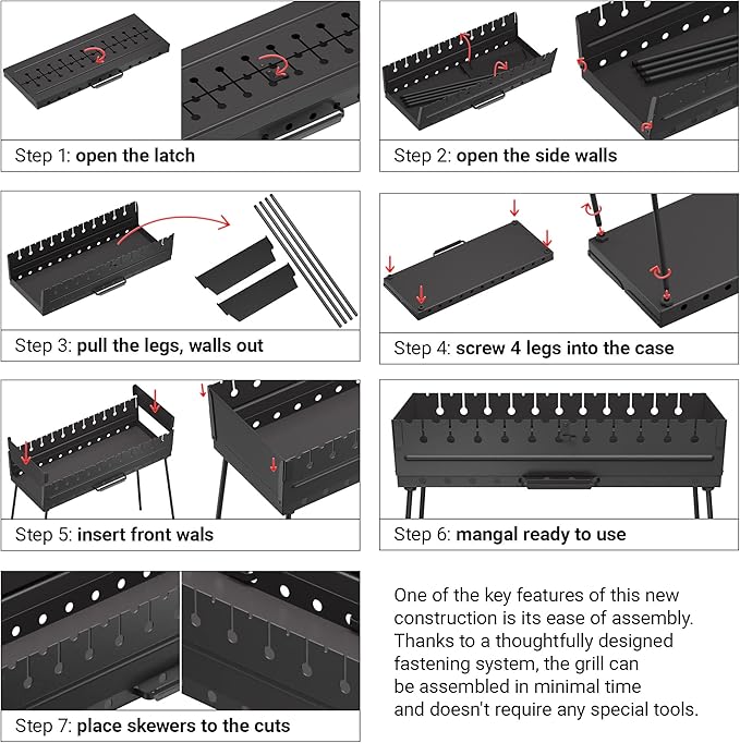 Charcoal Grill for 12 Skewers - Portable Barbecue Camp Grills Mangal Schaschlik - Foldable Metal Mangal - Kebab Shish BBQ for EDC Picnic Outdoor Cooking Camping Hiking (Skewers Not Included)