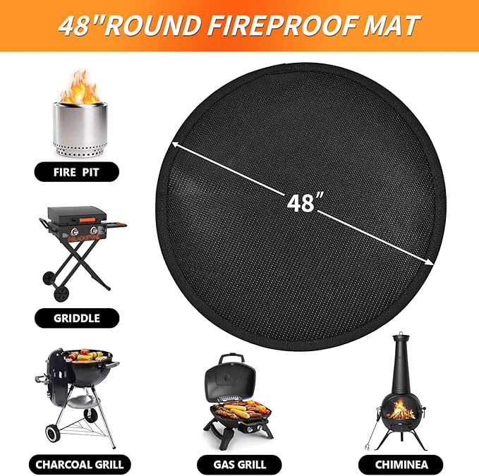 48" Round Firepit Mat for Solo Stove Bonfire, Fireproof Mats for Under Reusable Oil-Proof Waterproof Grill Mats Repalce BBQ Pad for Deck Patio Grass Fire Pit Accessories for Outside