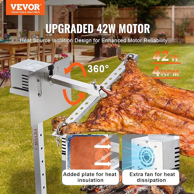 VEVOR Electric BBQ Rotisserie Grill Kit, 52 Inch 88 lbs Capacity, Automatic 38W Motor Height Adjustable Universal Roaster Stand, Stainless Steel Grilling Kit, Spit Rod with Heat Shield for Pig Lamb