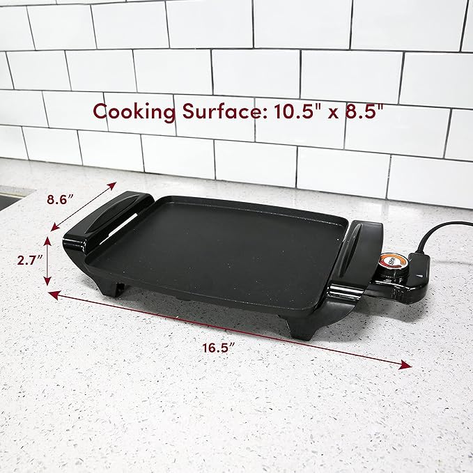 Elite Gourmet EGR2722A Electric 10.5" x 8.5" Griddle, Cool-touch Handles Non-Stick Surface, Removable/Adjustable Thermostat, Skid Free-Rubber Feet, Black