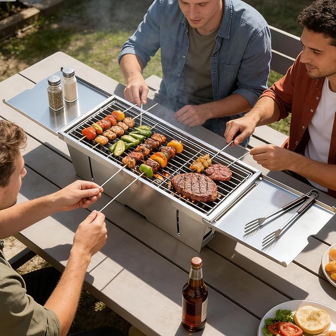 Portable Charcoal Grill, Uten Stainless Steel Foldable Barbecue with Carry Bag & Side Tables, Lightweight for Camping, Tailgating, Beach, Picnic (19.1" x 8.7")