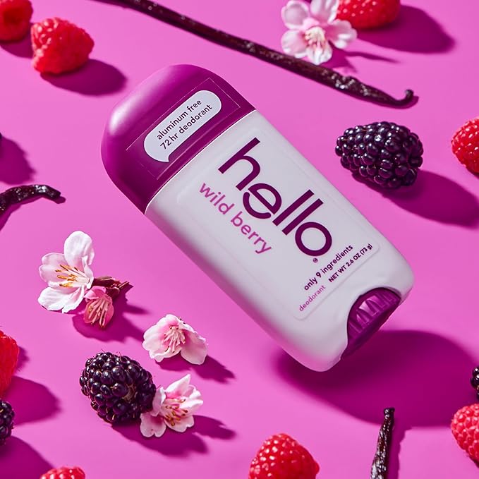 hello Wild Berry Aluminum Free Deodorant for Women and Men, 72-Hour Deodorant, Only 9 Ingredients, Baking Soda Free, Enriched with Shea Butter, Vegan, 2.6 oz Stick Deodorant (2 Pack)