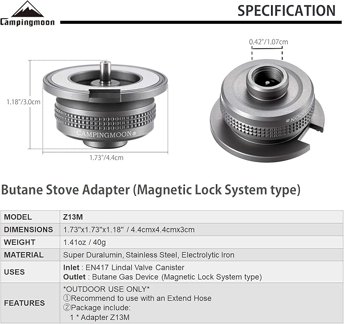 camping moon Camping Gas Stove Adapter, Input: EN417 Lindal Valve Canister, Output: Butane Gas Stove Z13M