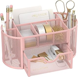 SUPEASY Mesh Desk Organizer, Desk Accessories & Workspace Organizers with Drawers, Pencil Holder for Desk with 9 Compartments for Office Suppliess, School, Classroom, 8.6 x 4.3 x 4.1 Inch, Pink