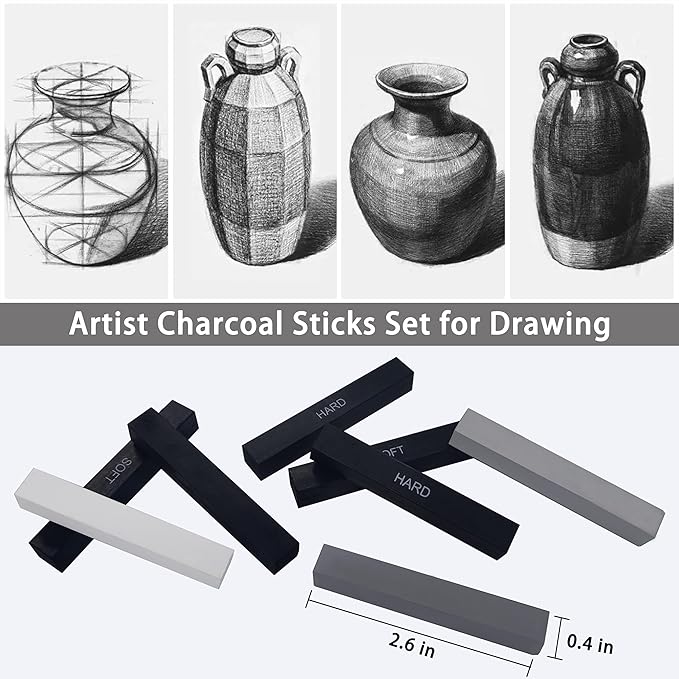 24 Pcs Compressed Charcoal Sticks with Soft, Medium, Hard and White Charcoal, Square Vine Charcoal Stick Kit for Drawing, Sketching and Shading, Art Supplies for Artists Beginners