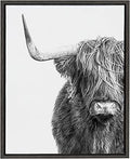 Kate and Laurel Sylvie Highland Cow Black and White Portrait Framed Canvas by Amy Peterson, 18x24 Gray, Adorable Wall Decor for Living Room, Nursery