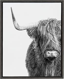 Kate and Laurel Sylvie Highland Cow Black and White Portrait Framed Canvas by Amy Peterson, 18x24 Gray, Adorable Wall Decor for Living Room, Nursery