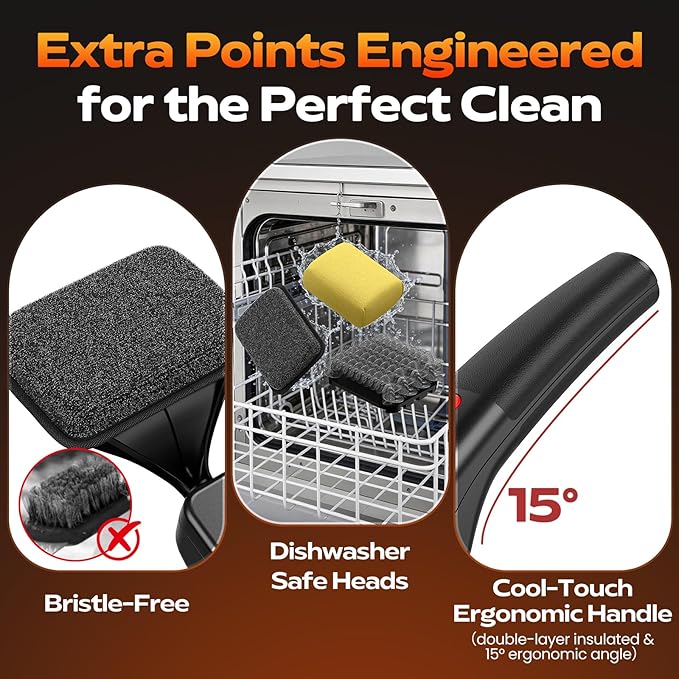 Reciprocating Electric Grill Brush, Bristle-Free Grill Brush for Outdoor Grill, BBQ Grill Brush, Grill Cleaner with 3 Replaceable Brush Heads, No Splash, Effort-Saving, Deep Cleaning, Black