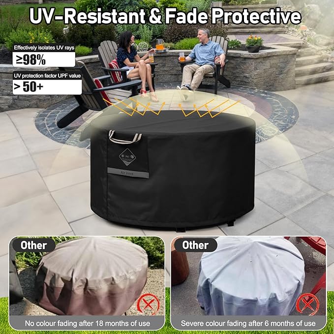 QH.HOME Fire Pit Cover Round, 100% Waterproof, 600D Strong Tear Resistant, Outdoor Firepit Covers Round Fits 33",34 inch ,35 inch,36 inch Fire Pit Cover, 36” Dia X 20”H -Black .