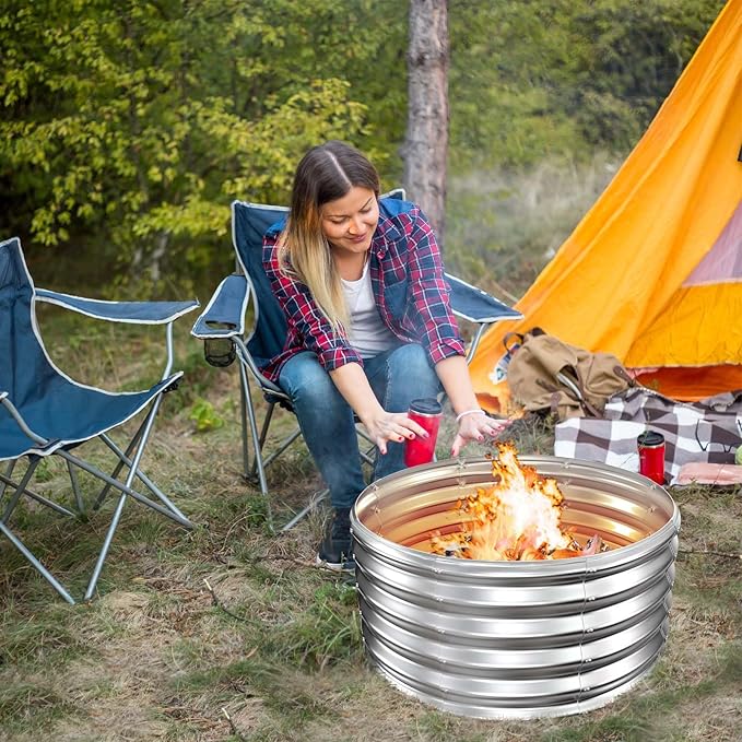 39 Inch Fire Pit Ring for Outside, 17'' Tall Heavy Duty Firepit,Wood Burning, DIY In Ground or Above-Ground, Outdoor Heavy Duty Galvanized Steel Fire Pits for Backyard Bonfire, Patio & Camping