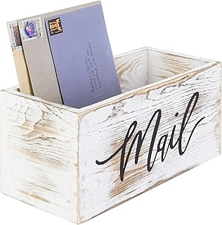 MyGift Mail Holder Storage Organizer Box Whitewashed Wood with MAIL Script Design, Desktop Letters, Bills, Notes and Postcard Bin for Home Office Dorm Room