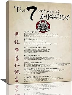 Japanese Samurai Wall Art 7 Virtues of Bushido Pictures Wall Decor Motivational Warrior Poster Canvas Painting Prints Framed Modern Home Decor Artworks for Bathroom Bedroom Living Room Office 12"x16"