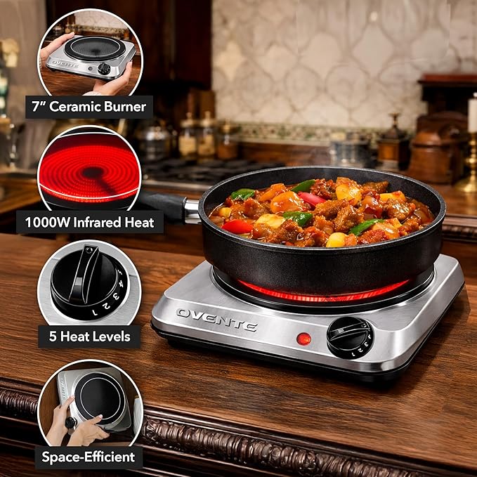 OVENTE Countertop Infrared Single Burner, 1000W Electric Hot Plate with 7” Ceramic Glass Cooktop, 5 Level Temperature Setting & Easy to Clean Base, Compact Stove for Home Dorm Office, Silver BGI101S