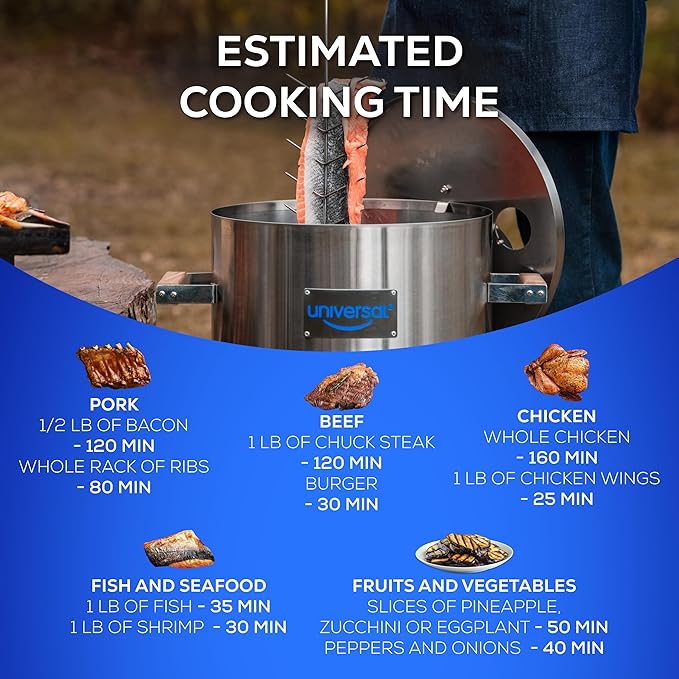 Universal 20-pound Stainless Steel (25-servings) Charcoal Barrel Smoker with Thermometer & Airlock system - 20.5"x 29.6" x ⌀15.5", 2 in 1 Vertical Grill and Smoker, Slow Cooking Barrel