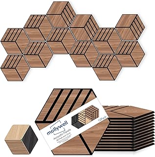 Mollywell Acoustic Panels, PVC Wood-Grain, 14x12 Inch Hexagon Carved Sound Proof Wall Tiles, Self-Adhesive High Density Felt for Home Theater/Studio/Office Echo Reduction, 12 Pack Walnut, S4