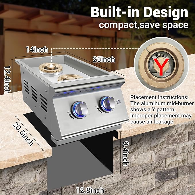 Double Grilling Side Burners for Outdoor Kitchen, 2 * 17,000BTU Nature Gas Burners, Convertible to Liquid Propane, Duty Heavy 304 Stainless Steel, Built-in Side Burner for BBQ Island Grill